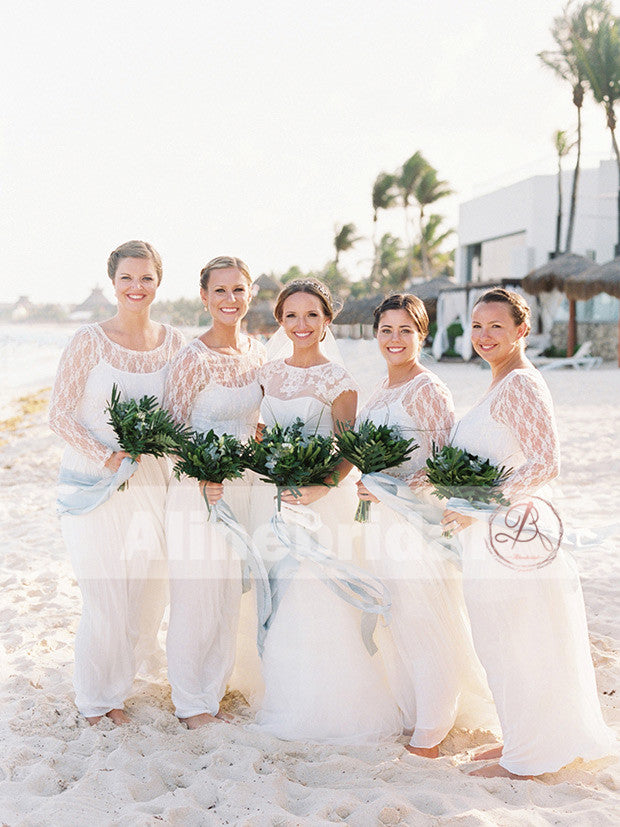 Charming Ivory Lace Long Sleeve Round Neck A-line Bridesmaid Dresses. AB1207