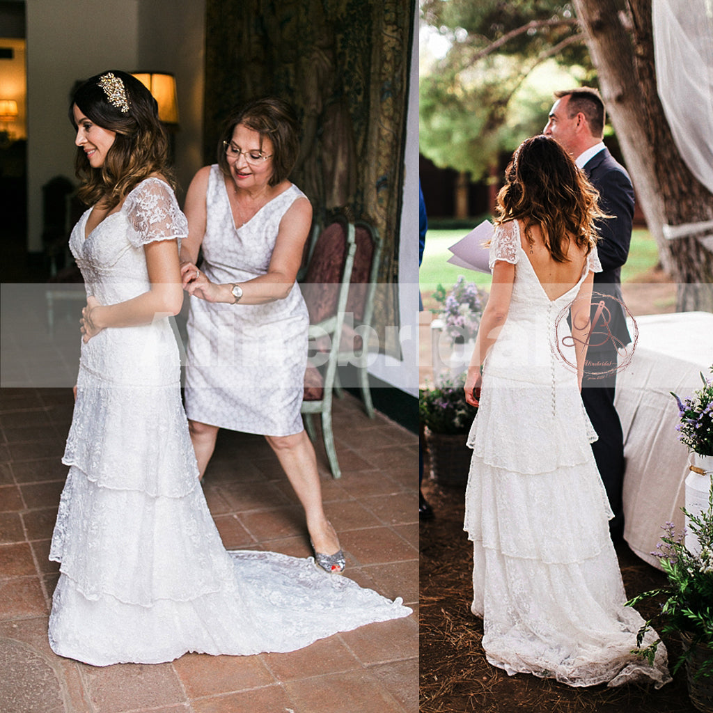 Ivory Lace Tiered Skirts Short Sleeve V-back Vintage Wedding Dresses, AB1132