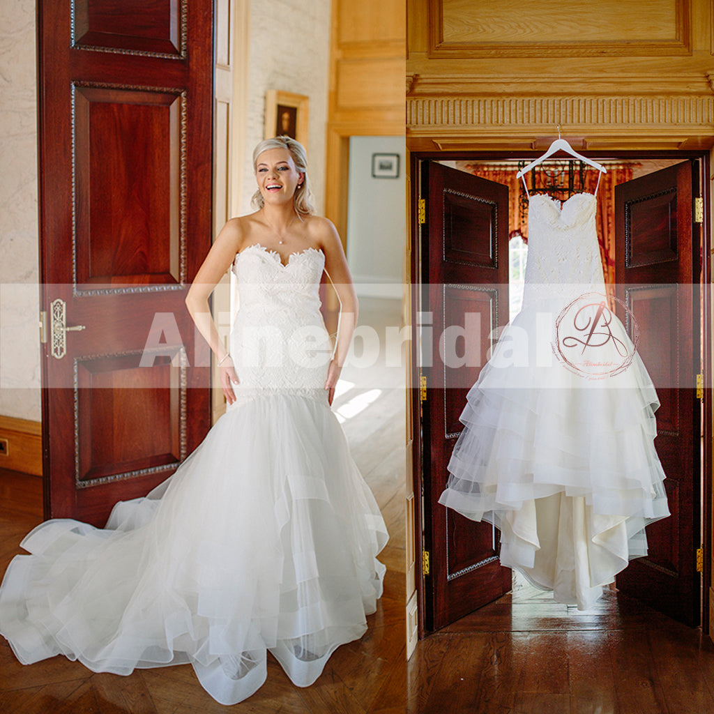 Sweetheart Strapless Lace Top Ruffles Mermaid Elegant Wedding Dresses, AB1134