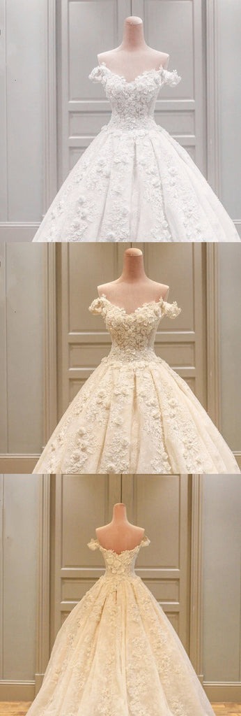 Charming Long A-line V-neck  Off Shoulder Three-dimensional Flower Appliques  Lace  Wedding Dress, AB1092