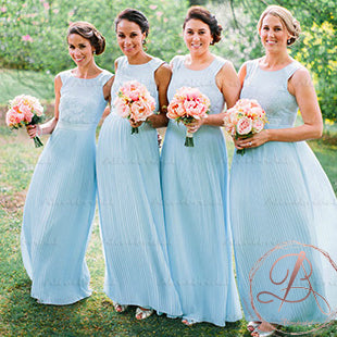 Pale Blue Lace Top Pleating Chiffon Scoop Neck Wedding Party Long A-line Bridesmaid Dresses . AB1189