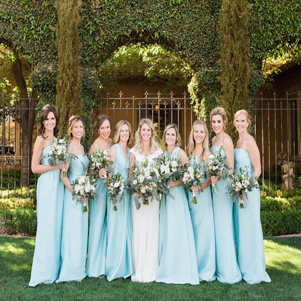 Simple Elegant Blue Mismatched Strapless And V-neck Long Column Bridesmaid Dresses . AB1185