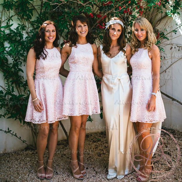 Lovely Pink Lace Jewel Neck  Sleeveless Spaghetti Strap A-line Short Bridesmaid Dresses. AB1192