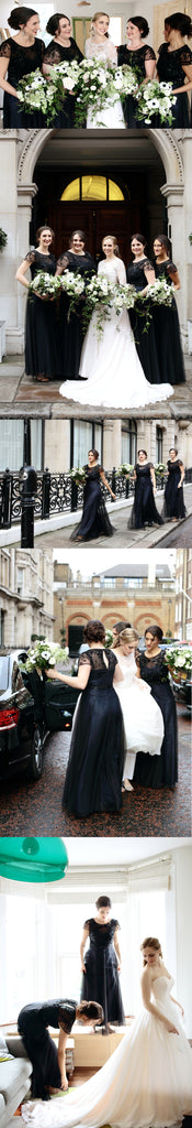 Black Short Sleeve See- through Tulle Beading Open Back Long Bridesmaid Dresses, AB1177