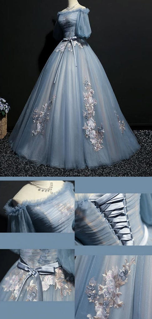 Vintage Princess Off Shoulder Half Sleeve Dusty Blue Appliques Ball Gown Prom Dresses,PD00076