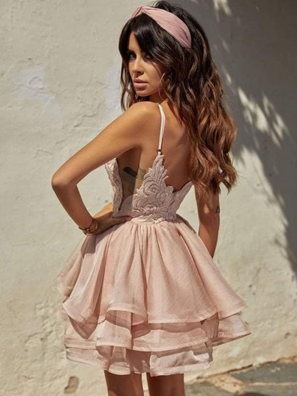 Charming Blush Pink V-neck Lace Top A-line Short Mini Homecoming Dress, HD3081