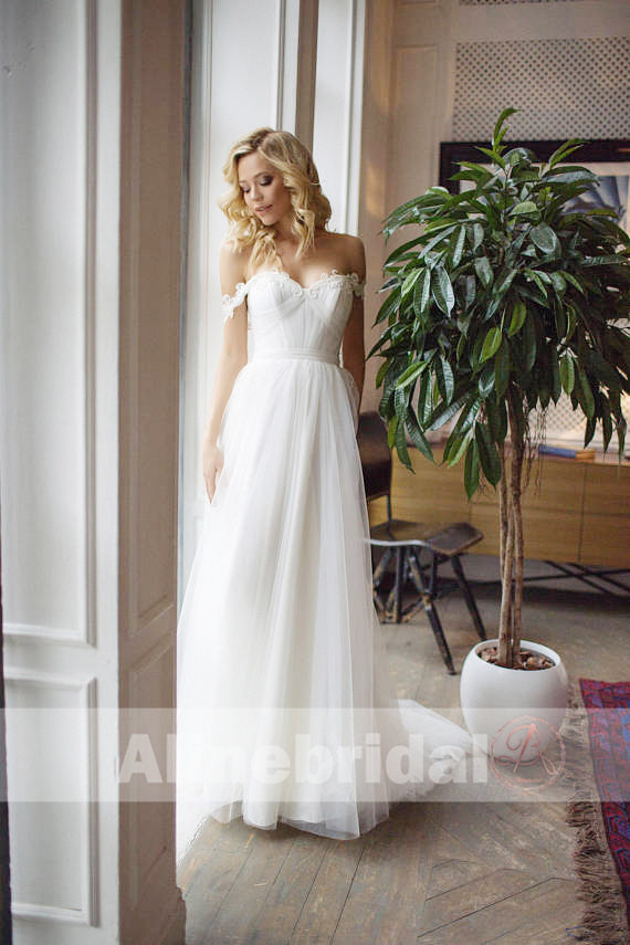 Cheap Simple Off The Shoulder Lace Tulle A-line  Wedding Dresses, AB1141