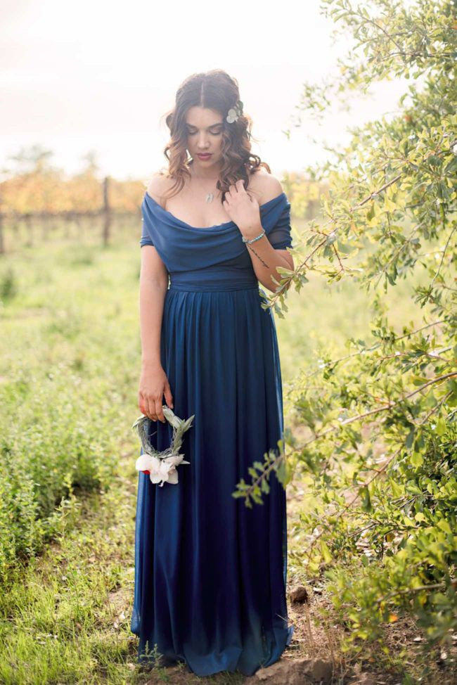 Short Sleeve Simple Off Shoulder Chiffon Navy Cheap Poplar Wedding Bridesmaid Dress. AB1151