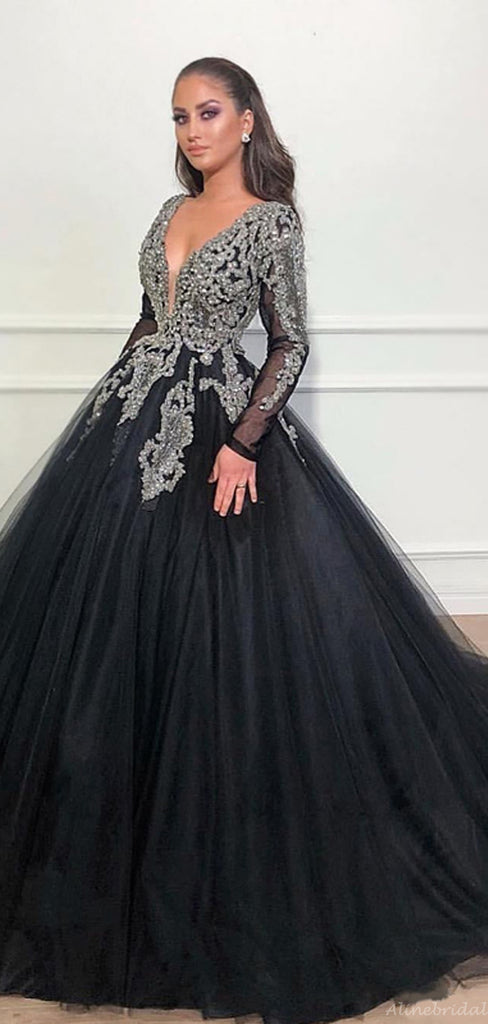 Elegant Black Luxury Silver Lace Top Long Sleeves V-neck A-line Long Prom Dress, PD3161