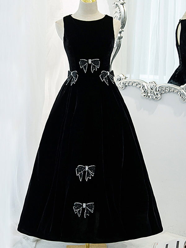 Elegant Black Sleeveless Jewel Neck Bow Ties A-line Long Prom Dress, PD3323