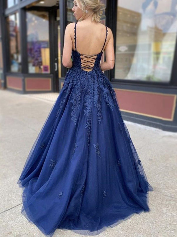 Elegant Navy Blue Lace Spaghetti Strap V-neck A-line Long Prom Dress, PD3140