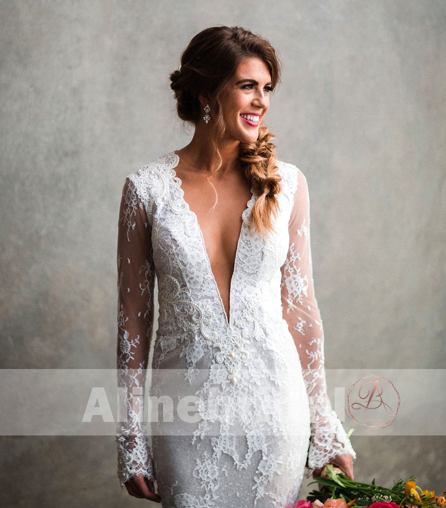 Fashion Lace Appliques Sexy Deep V-neck Long Sleeves Wedding Dresses, AB1142