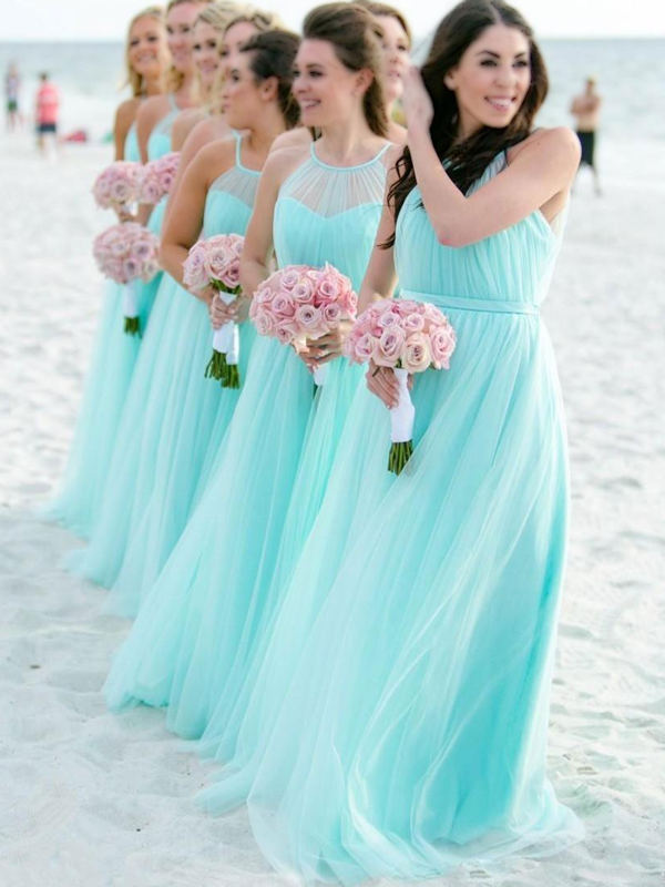 Fresh Baby Blue Tulle Sheath Sweetheart Halter Long Bridesmaid Dress, BD3057