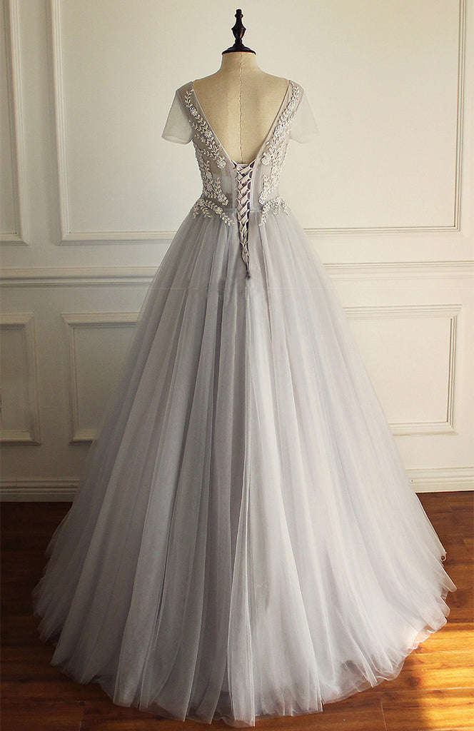 Elegant A-line Short Illusion Sleeve Appliques Rhinestone Lace Up Back Floor Length  Wedding Dress, AB1095