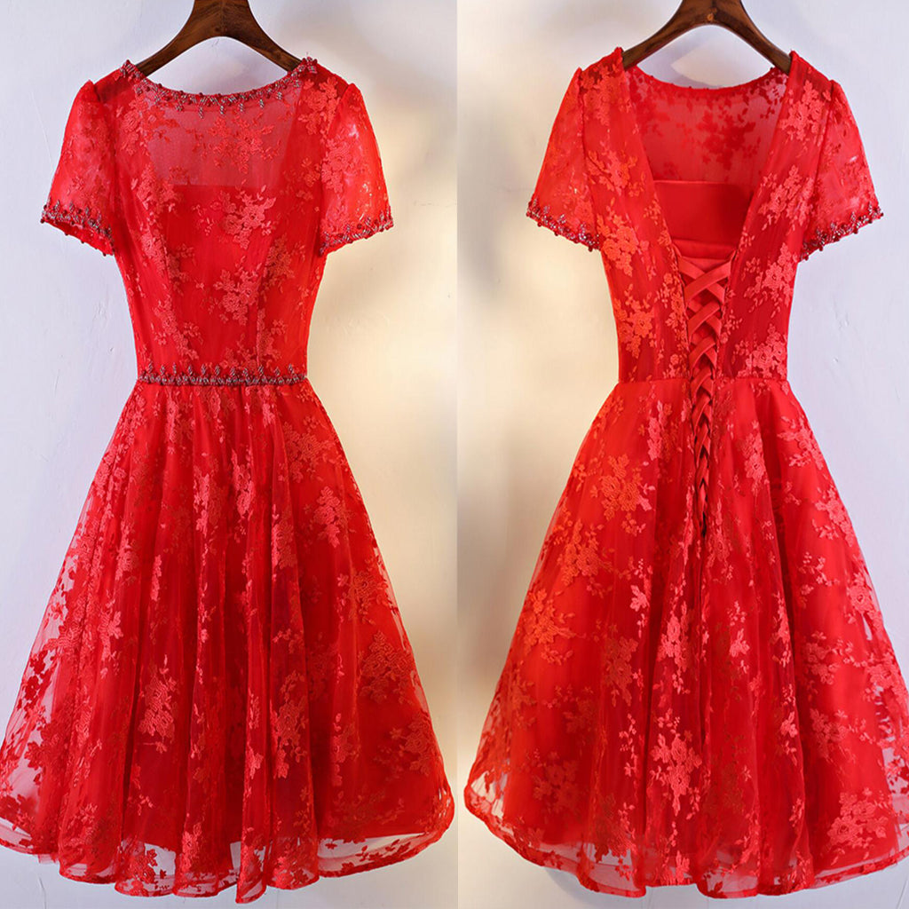 Pretty A-line Floral Prints Lace Beading Short Sleeve Lace Up Back Red Homecoming Dresses,BD00210