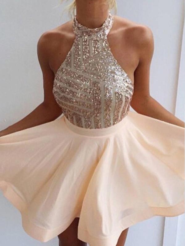 Sparly Halter Sequin Backless Satin A Line Short Homecoming Dress, BTW276