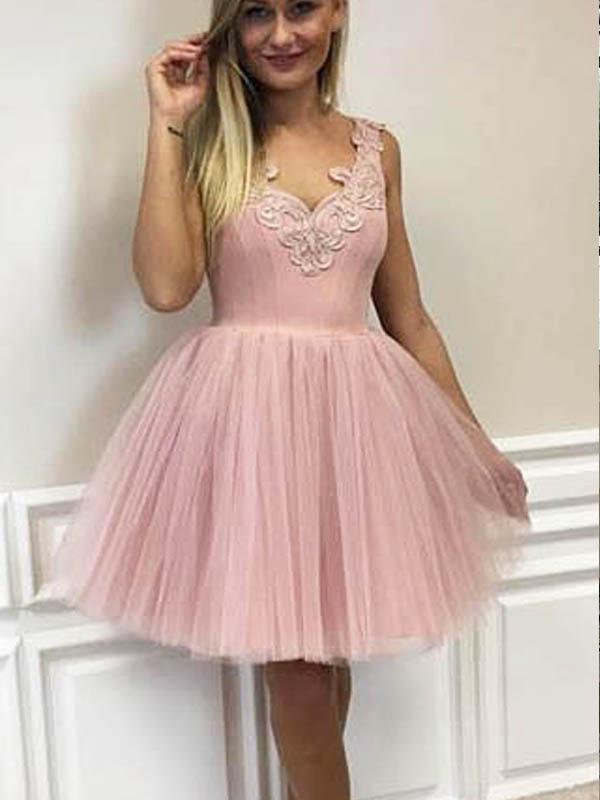 Sweet Dusty Rose Lace Applique Tulle A Line Short Homecoming Dress, BTW281