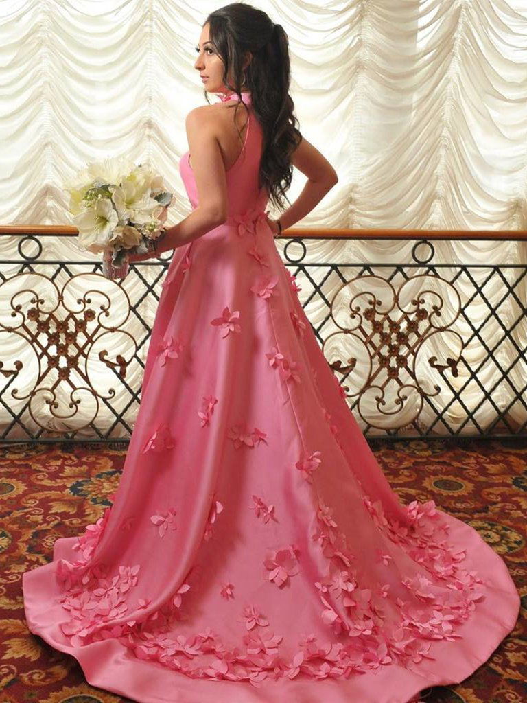 Hot Pink Halter Sleeveless Floral Tail A-line Long Prom Dress, PD3183