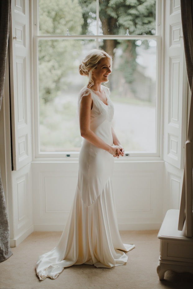 Elegant Ivory Satin Lace Appliques Cap Sleeve V-neck Mermaid Wedding Dress, AB1106