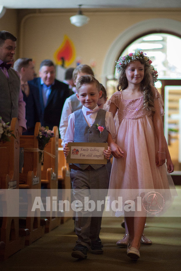 Sparkly Pink Sequins Beaded Unique Hem Knee Length Flower Girl Dresses, FGS046