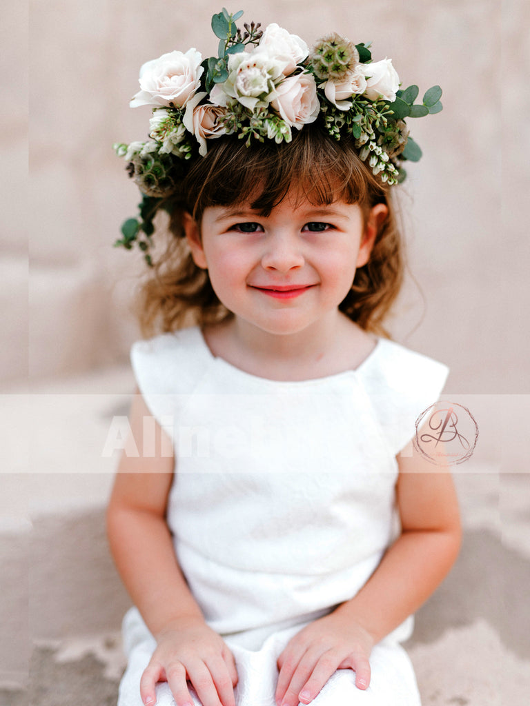 Simple Ivory Round Neck Cap Sleeve Tea Length Cute Flower Girl Dresses, FGS052