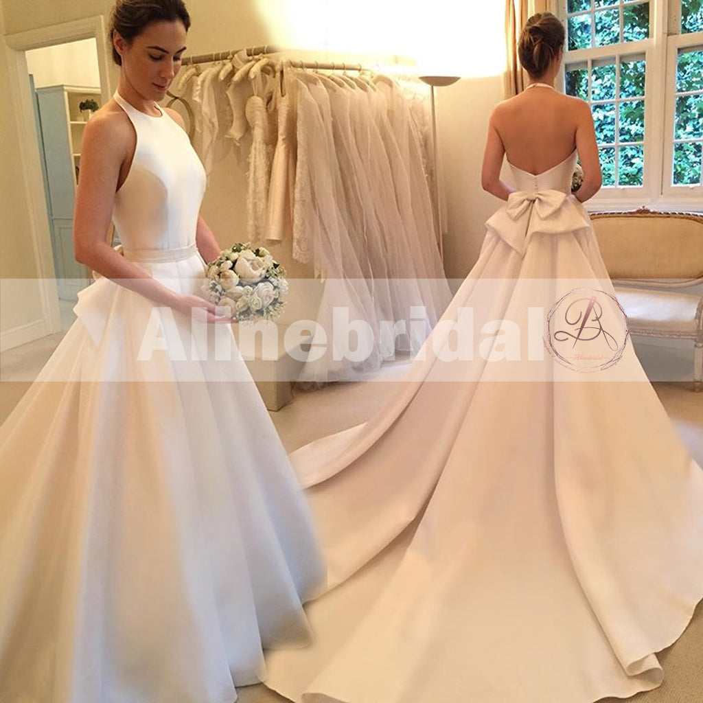 Simple Ivory Satin Elegant Halter With Stunning Bowknot Sweep Train  Wedding Dresses, AB1124