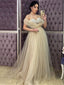 Light Champagne Off-shoulder Elegant Sweetheart A-line Long Prom Dress Gown, PD3333