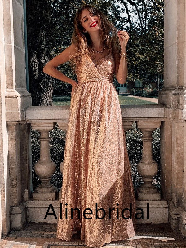 Elegant V-neck Sleeveless A-line Long Prom Dress, PD3533