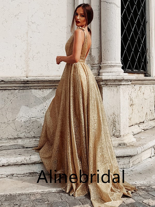 Elegant V-neck Sleeveless A-line Long Prom Dress, PD3535