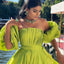 Mustard Green Strapless Pleats A-line With Sleeves Long Prom Dress Gown, PD3341