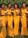 Mustard Yellow Spaghetti Strap Sweetheart Lace Waist Mermaid Long Bridesmaid Dress, BD3090
