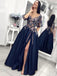Navy Blue Elegant Illusion Lace Top Half-sleeves A-line Side-slit Long Prom Dress, PD3310