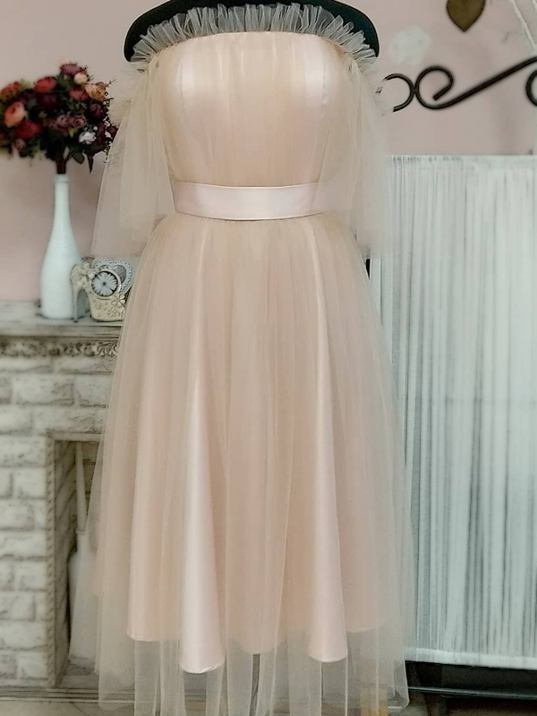 Chic Off-shoulder Tulle Tea-length Princess Prom Dress, PD3077