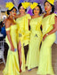 One-shoulder Bright Yellow Active Modest Mermaid Two Style Long Bridesmaid Dress, BD3087