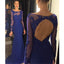 Long Sleeve Royal Blue Open Back Round Neck Appliques Charming Evening Prom Dress , PD0203