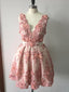 Pink Floral Sleeveless V-neck A-line Mini Homecoming Dress, HD3051