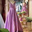 Elegant V Neck Sleeveless A Line Beaded Satin Long Evening Prom Dresses, PD0013