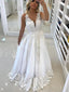 Elegant White Lace Applique V Back A Line Long Evening Prom Dresses, PD0010