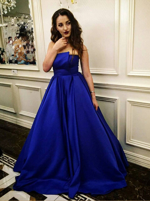 Irregular Royal Blue Strapless Satin A Line Long Evening Prom Dresses, PD0028