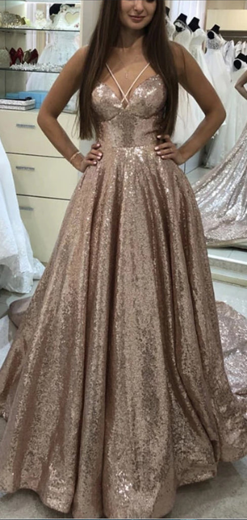 Sparkly Spaghetti Strap Sequin A Line Evening Gown Long Prom Dresses, PD0034