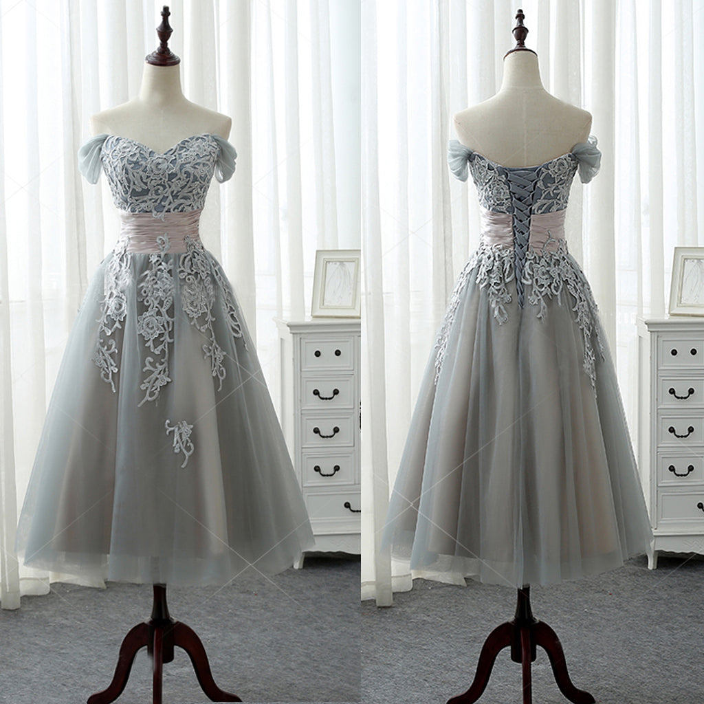Elegant A-line Off Shoulder Lace Appliques Pleating Sash Tea-Length Bridesmaid Dress, AB1169