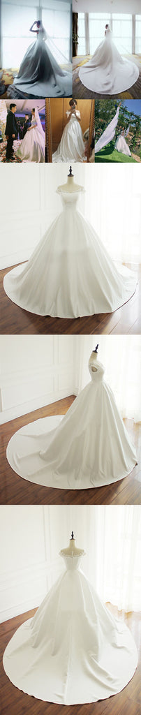 Elegant Simple Satin Appliques Beads Cap Sleeve Ball Gown Yarn Scoop Neck  Chapel Trailing Wedding Dress, AB1096