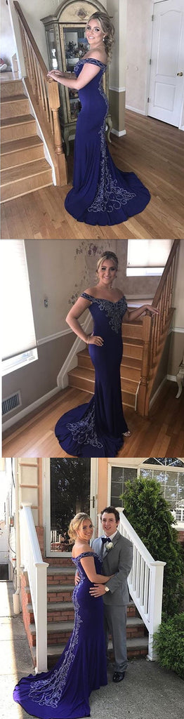 Sexy Charming Royal Blue Off Shoulder Appliques Mermaid Formal Evening Party Prom Dresses,PD00029