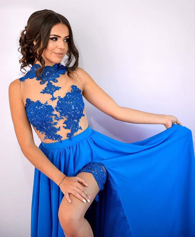 Blue Sexy See-Through Tulle Lace Appliques With Sequins High Neck  Side Slit Prom Dresses ,PD00032