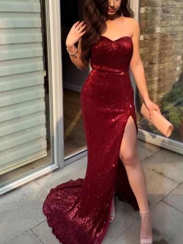 Sexy Burgundy Strapless Sweetheart Side-slit Mermaid Long Prom Party Dress, PD3105