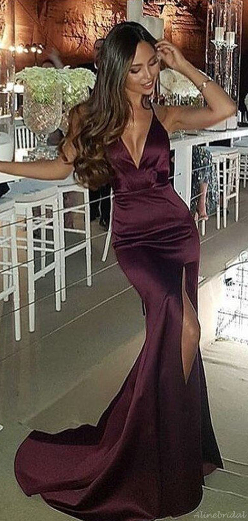 Sexy Dark Burgundy V-neck Spaghetti Strap Backless Side-slit Long Prom Dress, PD3149