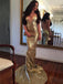 Sexy Gold Deep V-neck Open Back Mermaid Long Tail Prom Dress, PD3301