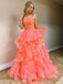 Sexy Hot Pink Coral Spaghetti Strap Backless Lace Top Ruffle Long Prom Dress, PD3170