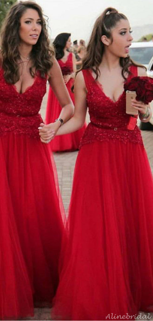 Sexy V-neck Red Sleeveless A-line Tulle Long Bridesmaid Dress, BD3094