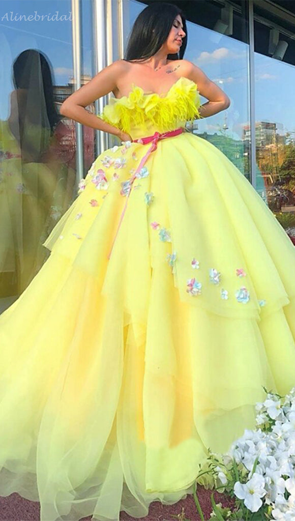 Sexy Yellow Sweetheart Strapless A-line Long Floral Prom Dress, Gown, PD3315